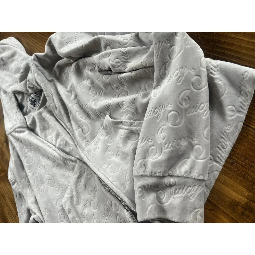 Juicy Couture Velour Zip Up Hoodie Grey Embossed All‎ Over Logo Y2K Size L - Picture 3 of 8